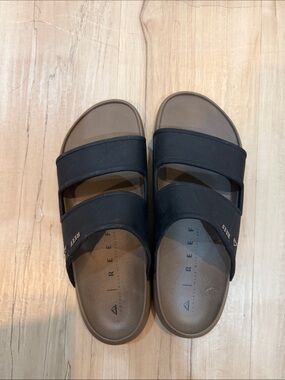 Reef Brown Footbed with Black Triple-Strap Slide Sandals